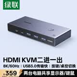 绿联HDMI2.1 KVM切换器2进1出切屏器8K60Hz超清分屏器 共享USB打印机键盘鼠标 电脑接显示器电视25124 