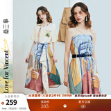 两三事梵高文艺 艺术长廊 2025夏季新款复古印花抽绳绑带两穿半身裙 花色 M