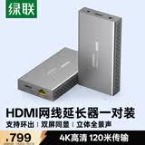 绿联HDMI延长器120米 4K60Hz高清网络RJ45网线转hdmi转换器 环出音频分离信号传输放大器一对装 10939