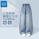 真维斯女童牛仔裤春秋2026新款儿童春装大童薄款长裤初中生女孩直筒裤子 蝴蝶结刺绣牛仔裤 150 【推荐体重68-80斤】