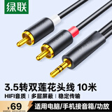 绿联3.5mm转双莲花头音频线一分二 红白2RCA公对公一拖二连接线 手机电脑电视转接音响功放 10米90656