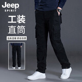 JEEP SPIRIT吉普工装裤男秋季直筒休闲裤男士纯棉多口袋男裤 黑色 L