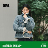 森马（Semir）牛仔外套女拼接仿兔毛翻领宽松潮流港风冬季落肩夹棉夹克复古 牛仔浅黄泥染80331 S