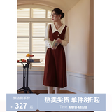 独束大码女装假两件撞色衬衫领连衣裙女秋冬微胖mm文艺复古穿搭裙子 勃艮第红【适合165左右】 L