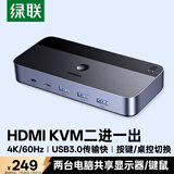 绿联HDMI2.0 KVM切换器4K60Hz视频切屏器二进一出 共享USB打印机键盘鼠标 电脑接电视显示器分屏35765