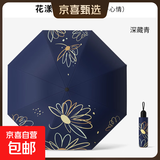 【花漾晴雨伞】清新防紫外线黑胶折叠三折女士加厚防晒隔热太阳伞 花漾-藏青 手动 一帘花梦系列
