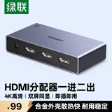 绿联HDMI分配器4K高清一分二1进2出双屏同显一拖二视频分屏器 笔记本电脑扩展接显示器电视投影仪55491