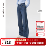 朗姿【精英衣橱】棉质复古直筒阔腿高腰显瘦时尚长款女新款牛仔裤 暮色藏蓝色 2XL