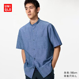优衣库棉麻条纹立领衬衫/短袖男装女装衬衣26春夏新款482486 66 蓝色 M