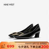 NINE WEST玖熙牛漆皮革女单鞋优雅方头浅口粗跟通勤鞋NH434045FK 黑色 37