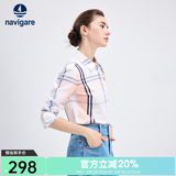 Navigare意大利小帆船女士长袖衬衫春秋季休闲格子衬衣莱赛尔高档寸衫 粉红/白 L