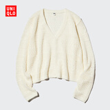 优衣库镂空V领针织开衫女装/毛衣毛衫外套485724 01 乳白色 3XL