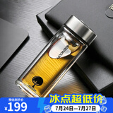 希诺（heenoor）双层玻璃杯带盖过滤办公室经典泡茶杯男士商务耐热玻璃水杯子 本色345ml