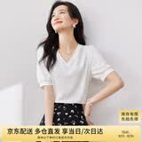 尚都比拉夏季短袖t恤女浪漫花边泡泡袖V领显瘦女装上衣 白色 L
