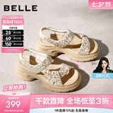 百丽（Belle）繁星亮片休闲凉鞋女2026夏新款商场同款厚底增高凉鞋F4A1DBL6 杏色 38 (240mm)