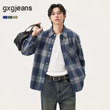 gxgjeans男装 蓝色格纹简约通勤宽松长袖衬衫上衣男 25年秋新品 蓝格 2XL (185) （尺码偏大）