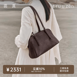 裘真植鞣胎牛皮悠悠保龄球包女复古通勤大容量手提单肩包包 咖啡色肩带款-胎牛皮