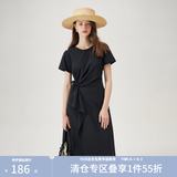 范思蓝恩夏季圆领抽绳褶皱设计感连衣裙女2024夏装新款白色高腰A字裙女 黑色 M