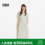 森马（Semir）连衣裙女夏不规则拼接木耳边泡泡袖收腰设计感中长裙101325114041