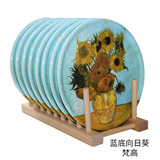 世界名画隔热餐垫8个装防烫密胺垫仿瓷隔热垫盘子锅垫餐桌垫彩盒 蓝底向日葵8个装-带木架