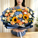 插画鲜花速递向日葵玫瑰混搭花束送女友生日礼物全国同城小时达配送 绣球向日葵香槟玫瑰混搭花束