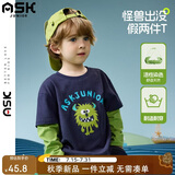 ASK JUNIOR【假两件】儿童长袖T恤26秋中大童怪兽图案小童打底衫男童上衣