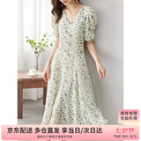 尚都比拉夏季法式碎花连衣裙泡泡袖茶歇裙气质女神范裙子 杏底蓝花 M 