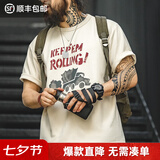 马登工装美式复古涂鸦字母印花短袖T恤男夏季混纺圆领重磅小众Tee男款 浅杏色 【男士半袖/宽松t恤衫/高街/国内潮牌】 L 【今日下单 顺丰包邮】