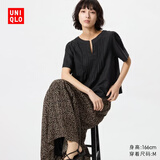 优衣库麻混纺半开领衬衫/短袖女装衬衣487477 09 黑色 XS
