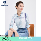 Navigare意大利小帆船女士长袖衬衫春秋季休闲格子衬衣莱赛尔高档寸衫 蔚蓝/白 M