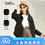 betu百图女装复古翻领赫本风娃娃领精致织带花边灯笼袖毛呢外套女2109T01 黑色 S
