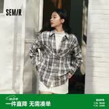 森马长袖衬衫女秋中长款宽松翻领落肩格纹上衣101125105007