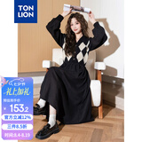 唐狮（TonLion）2024黑色v领拼接格纹连衣裙女复古针织格子裙气质长裙 黑色 L 