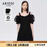艾诺丝雅诗【商场同款】夏新珍珠网纱泡泡袖短袖小清新小黑裙连衣裙10429006 黑色 M