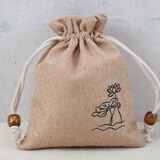 鱼雁兔亚麻荷花布袋小布袋抽绳束口袋首饰饰品收纳袋文玩佛珠手串包装袋 荷花袋 米黄1个12*15cm