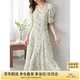 尚都比拉夏季法式碎花连衣裙泡泡袖茶歇裙气质女神范裙子 杏底蓝花 S 
