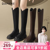 达芙妮长筒靴女2026春秋季V口粗跟增高靴瘦瘦长靴粗腿高筒靴骑士靴 黑色【V口单里款】 35