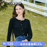 百图betu女装秋新款T恤圆领长袖精致蝴蝶结纽扣针织T恤女2308T19 黑色 M