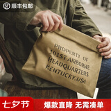 马登工装美式复古油蜡帆布包阿美咔叽邮差手抓包公文休闲信封文件包 油蜡手包-卡其黄（不可水洗）