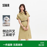 森马（Semir）连衣裙女夏季衬衫领纯棉开叉中长裙腰带复古风工装裙101325114057