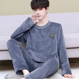 好得西加厚加绒睡衣男士法兰绒秋冬套头套装男珊瑚绒家居服加大码可外穿 W-竖条套头3301砖蓝-绒男 XL (125~145斤)