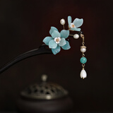 梦君宸黑檀木手工玉簪汉服岫玉古风玉兰花流苏步摇发簪情人节新年礼物 天河石+锦盒包装