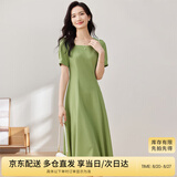 尚都比拉短袖连衣裙女夏季时尚通勤中长款a字裙钉珠收腰显瘦裙子 绿色 M