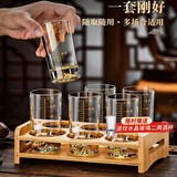 青苹果手握金山描金刻度白酒杯二两杯 水晶玻璃酒盅100ml6只+竹木杯架