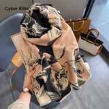 CYBER KITTEN韩系拼色玉兰花时尚仿羊绒围巾女秋冬季百搭气质围脖御寒保暖披肩 卡其色