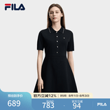 FILA 斐乐官方女子编织连衣裙2026夏新款简约翻领修身收腰连身裙 正黑色-BK XL 175/92A/XL