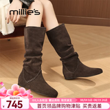 妙丽（Millies）春秋季新款长筒靴女复古堆堆靴褶皱西部靴内增高美拉德骑士长靴子 咖啡色 跟高1cm+内增高3.5cm 38 (240mm)