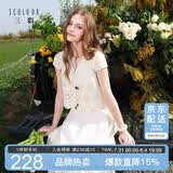 三彩【小樱花连衣裙】2026夏季新款纯棉绣花短袖V领A字裙长裙M