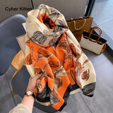 CYBER KITTEN韩系拼色玉兰花时尚仿羊绒围巾女秋冬季百搭气质围脖御寒保暖披肩 橘色