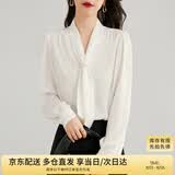 尚都比拉通勤飘带领白色衬衫女秋季上衣珍珠扣设计气质休闲时尚洋气衬衣